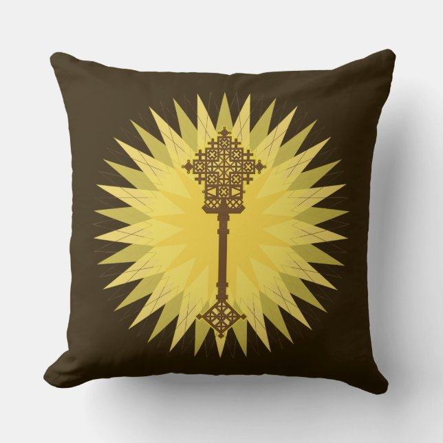 Brown Traditional Ethiopian Cross Design Throw Pillow (Front)