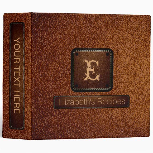 Brown (traditional) Leather Elegant Monogram 3 Ring Binder (Front/Spine)