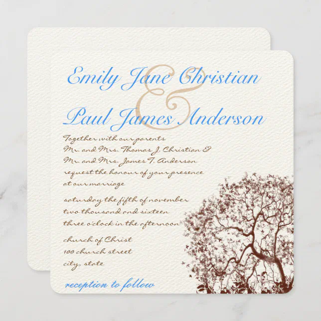 Brown Tree Aqua Blue Font Wedding Invitation | Zazzle