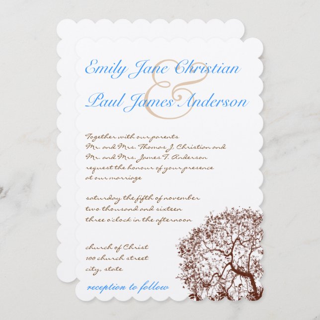 Brown Tree Aqua Blue Font Wedding Invitation (Front/Back)