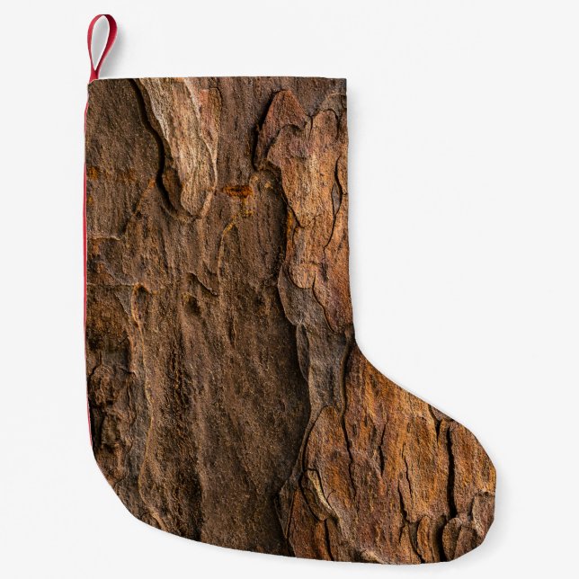 Brown tree bark in closeup photography small christmas stocking (Front)