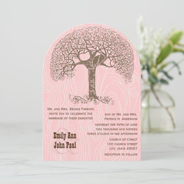 Brown Tree Love Bird Pink Woodgrain Wedding Invitation (Standing Front)
