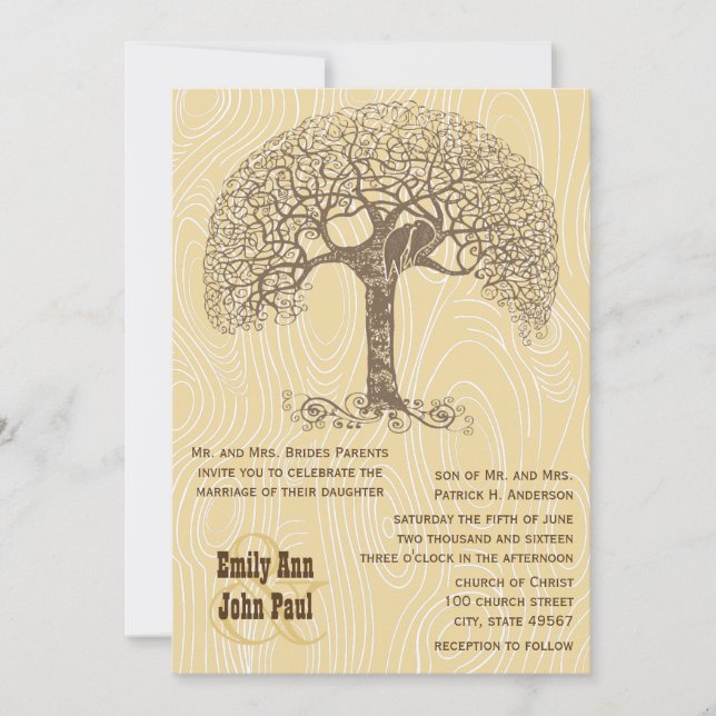 Brown Tree Love Bird Tan Yellow Woodgrain Wedding Invitation (Front)