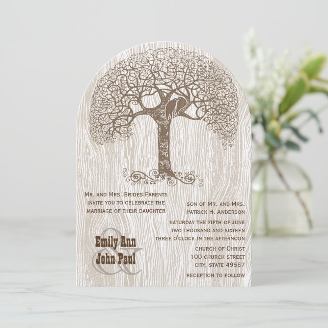 Brown Tree Love Bird Yellow Woodgrain Wedding Invitation (Standing Front)