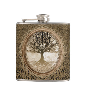 Brown Tree of Life Pattern Hip Flask