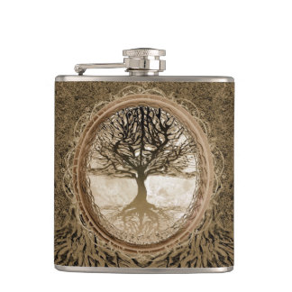 Brown Tree of Life Pattern Hip Flask