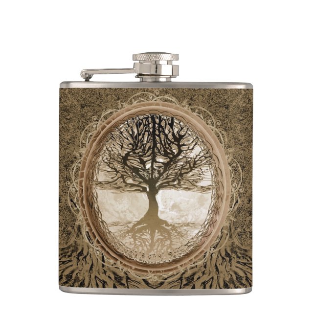 Brown Tree of Life Pattern Hip Flask (Front)