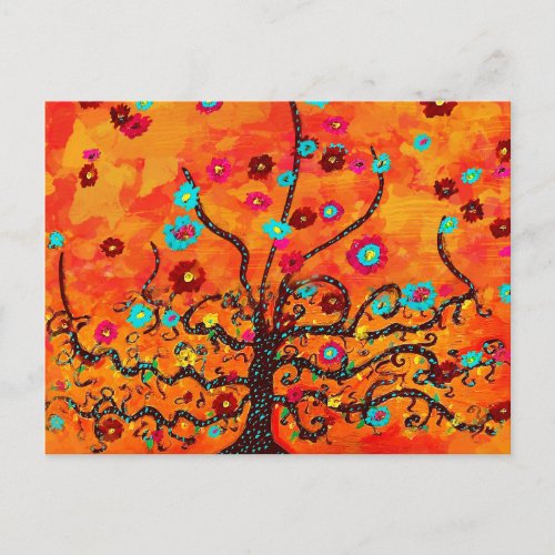 Brown Tree Of Life W Flowers  Orange Color Boho Postcard
