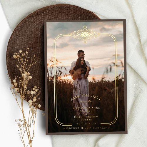 Brown Trendy Lace Flourish Initials Wedding Photo Foil Invitation