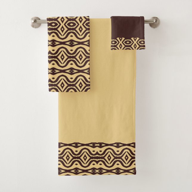 Brown tribal curvy pattern bath towel set (Insitu)