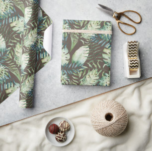 Brown Tropical Green Leaves  Wrapping Paper