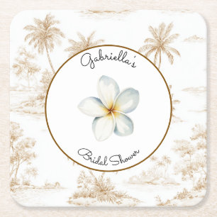 Brown Tropical Island Palm Trees Bridal Shower  Square Paper Coaster