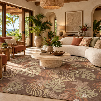 brown Tropical Leaf Botanical Brown Rug