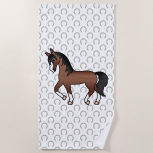 Brown Trotting Horse Cute Cartoon Illustration Beach Towel
