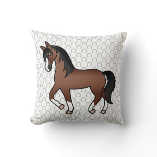 Brown Trotting Horse Cute Cartoon Illustration Throw Pillow