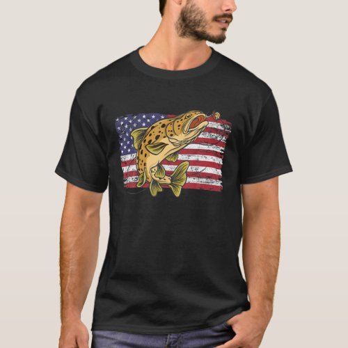 Brown Trout Fish Retro US American Flag Vintage Fi T_Shirt