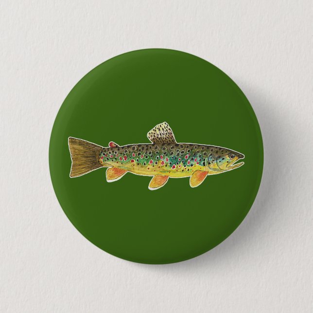 Brown Trout Fly Fish Green Angler's Button (Front)