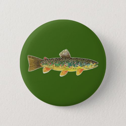 Brown Trout Fly Fish Green Anglers Button