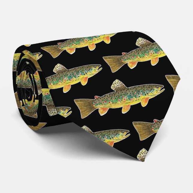 Brown Trout Fly Fishing Angler Fisherman's Black Neck Tie (Rolled)