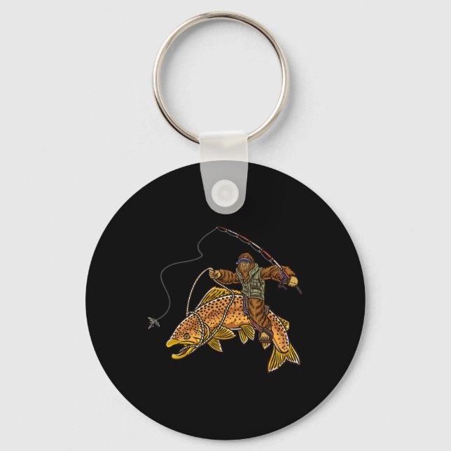 Brown Trout River Fishing Bigfoot Hunting Fisherme Keychain (Front)
