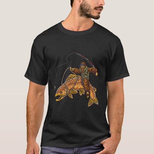Brown Trout River Fishing Bigfoot Hunting Fisherme T-Shirt (Front)