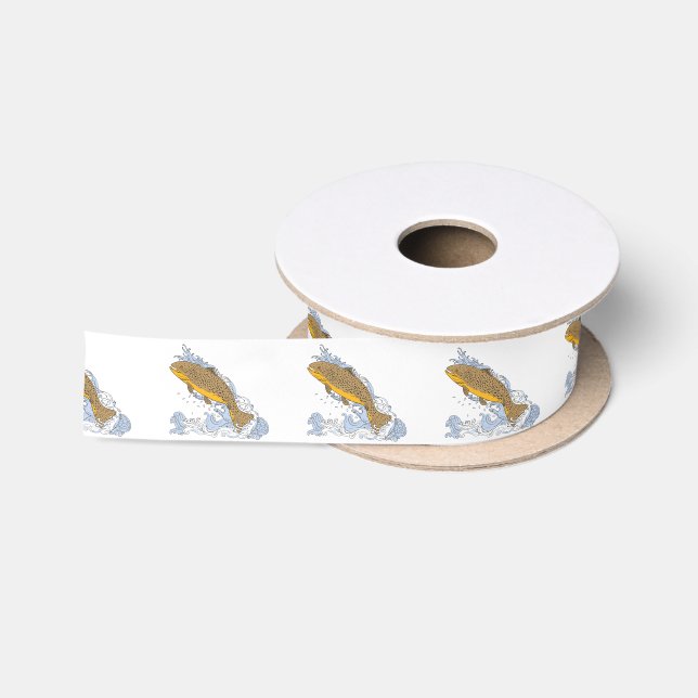 Brown Trout Swimming Up Turbulent Water Drawing Satin Ribbon (Spool)
