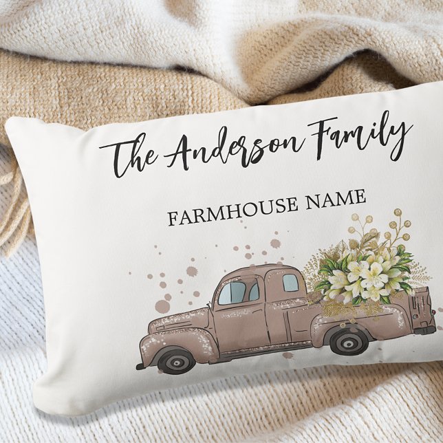 Brown truck flowers farmhouse family name lumbar pillow (Creator Uploaded)