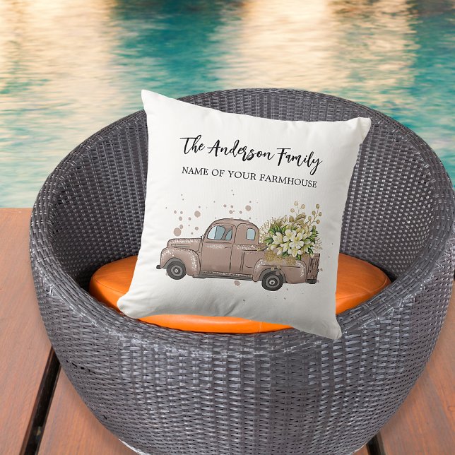 Brown truck flowers farmhouse family name throw pillow (Creator Uploaded)