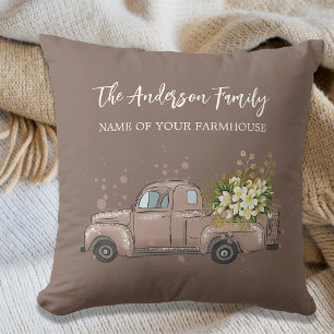 Brown truck flowers farmhouse family name throw pillow