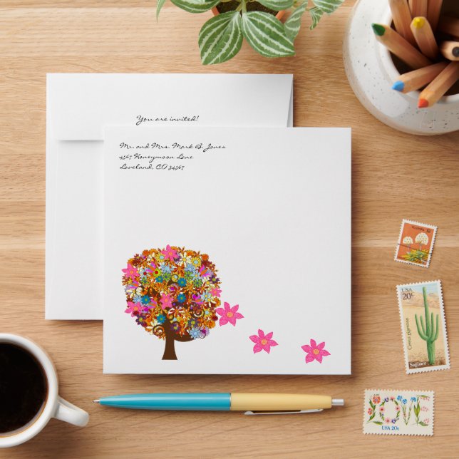 Brown Trunk Flower Love Tree Wedding Envelopes (Desk)