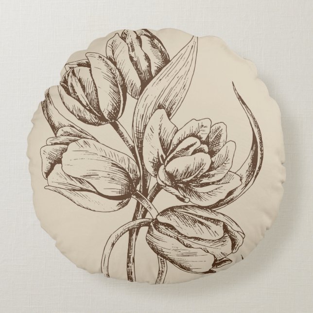 Brown Tulips Custom Beige Background Round Pillow (Front)