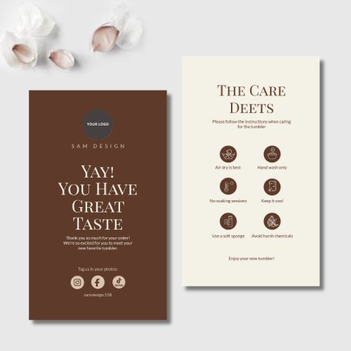 Brown Tumbler Care Card Instruction Insert &amp; Logo