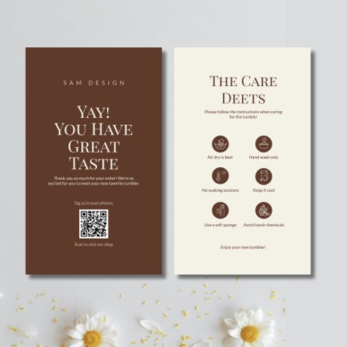 Brown Tumbler Care Card Instruction Insert QR Code