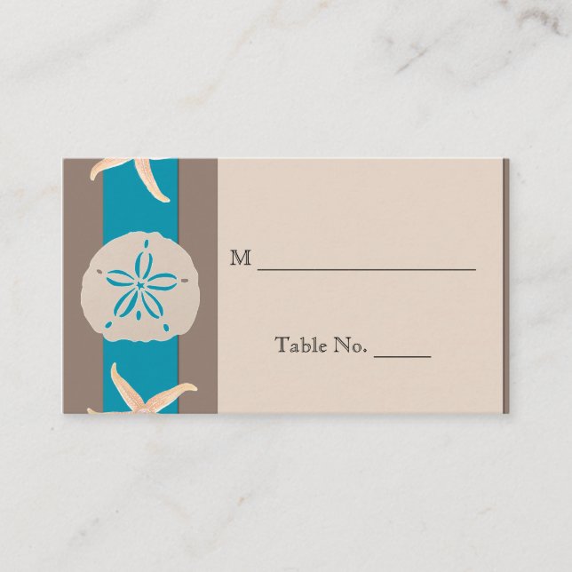 Brown Turquoise Band Starfish Wedding Place Cards (Front)
