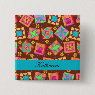 Brown Turquoise Blue Patchwork Quilt Name Badge Button