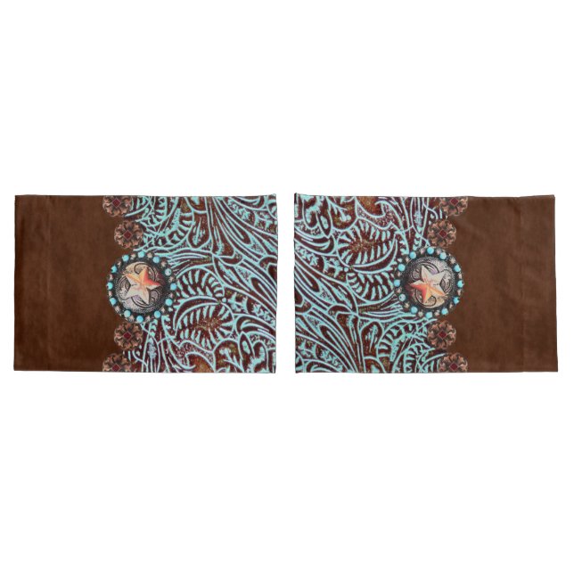 brown turquoise cowboy western country pattern  pillow case (Back-Set)