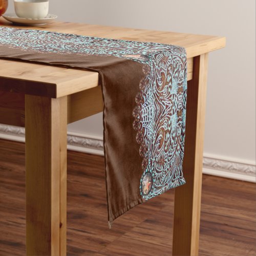 brown turquoise cowboy western country pattern  short table runner