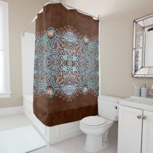 brown turquoise cowboy western country pattern  shower curtain