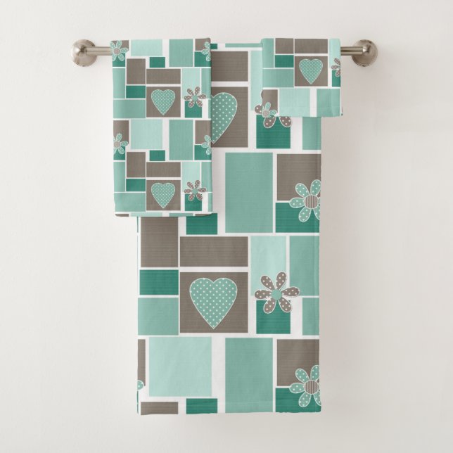 Brown turquoise patchwork of square patches  bath towel set (Insitu)