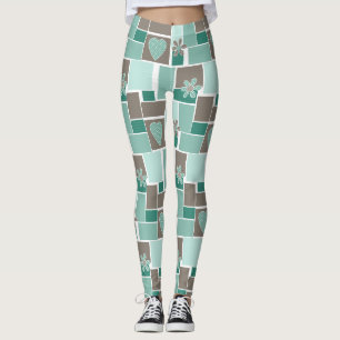 Brown turquoise patchwork of square patches leggings