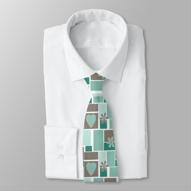 Brown turquoise patchwork of square patches  neck tie (Tied)