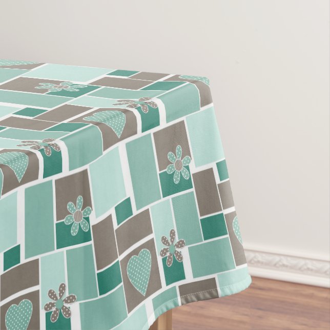 Brown turquoise patchwork of square patches  tablecloth (In Situ)