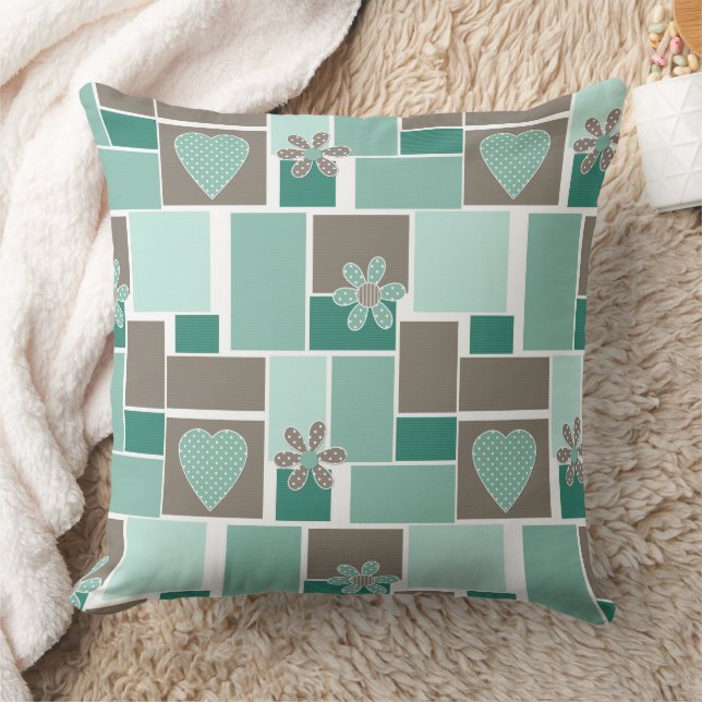 Brown turquoise patchwork of square patches  throw pillow (Blanket)