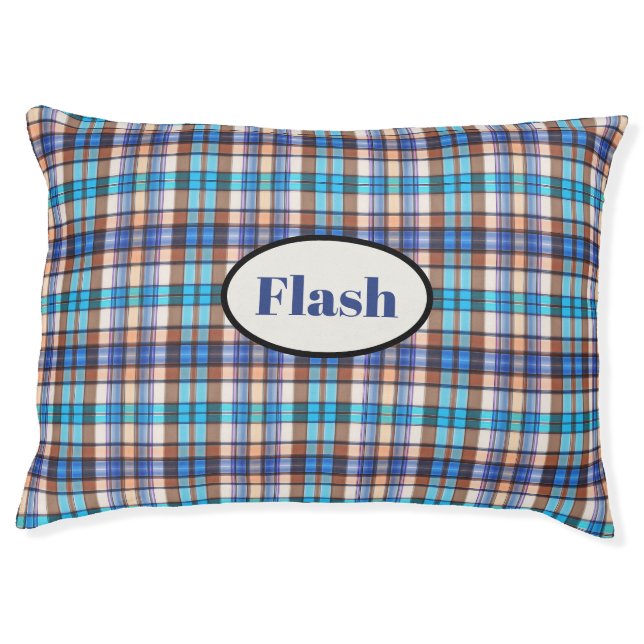 Brown & Turquoise Plaid Pet Bed (Front)