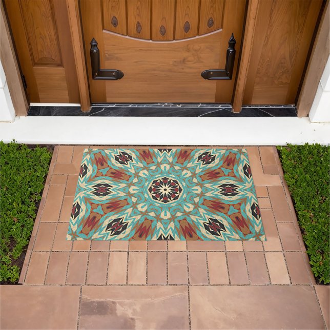 Brown Turquoise Red Orange Mandala Tribal Art Doormat (Outdoor)