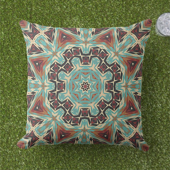Brown Turquoise Red Orange Mandala Tribal Art Outdoor Pillow (Grass)