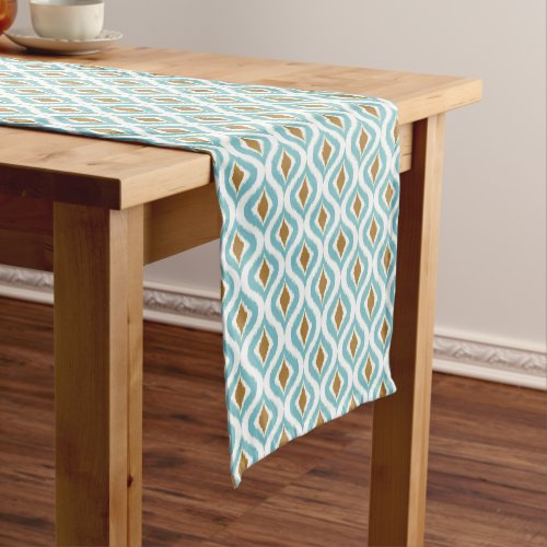 Brown Turquoise Teal Blue Ikat Ogee Art Pattern Short Table Runner