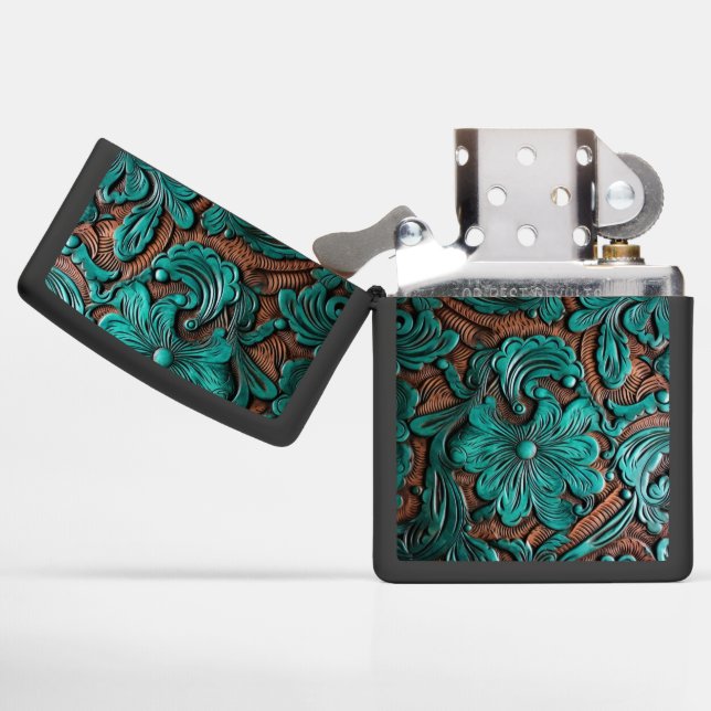 Brown, turquoise tooled floral leather pattern 2 zippo lighter (Opened)
