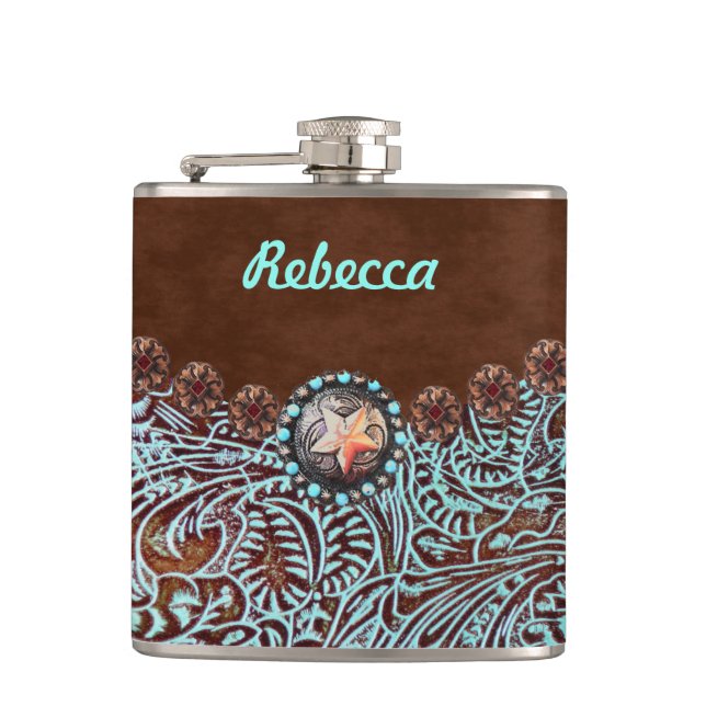 brown turquoise western country cowgirl bridesmaid flask (Front)