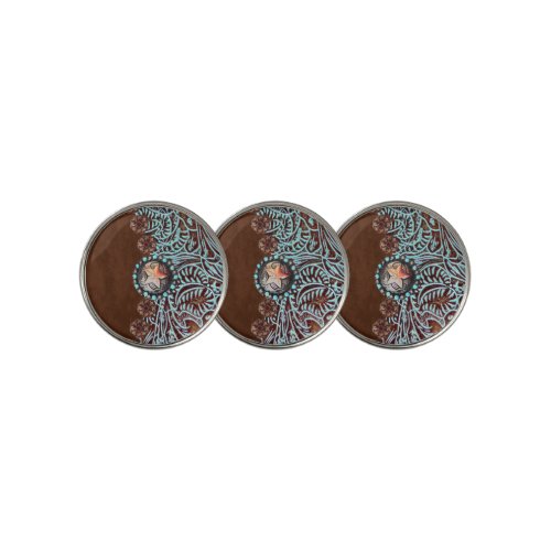 brown turquoise western country leather pattern golf ball marker